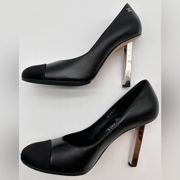 Chanel Collection Black Leather Satin Cap Toe Metal Ruler Heels Pumps EU37.5 US7 - Picture 5 of 12
